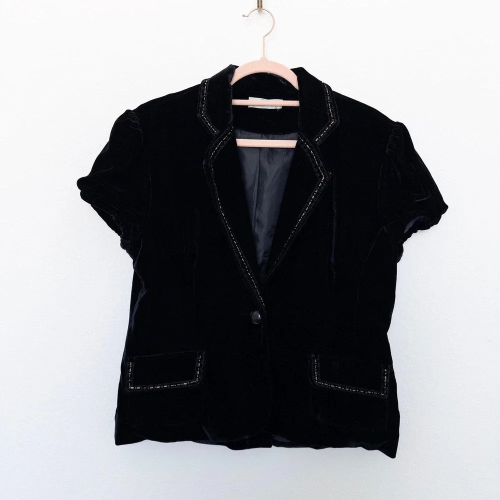 Y2K‎ Cotton Candy Womens Velvet Blazer M/L Black Beaded Embroidered Whimsigoth
